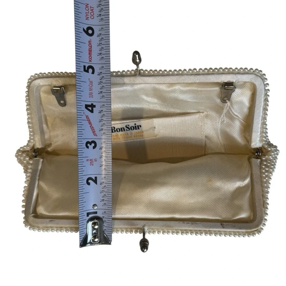 Vintage 1960 Bon Soir‎ Italian Pearl Cream Clutch Purse Beads Silk Wedding B72Q